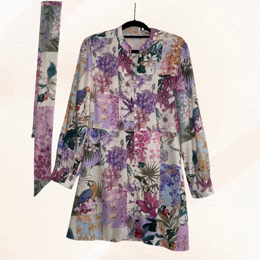 ZARA BLOGGER'S FAVE DRESS Multi-Color Viscose Linen Floral +, Med New w/out Tags